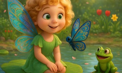 Petite fée Élodie aux cheveux blonds bouclés et ailes translucides iridescentes, souriante et émerveillée, est assise sur un large nénuphar au bord d'une mare, les mains sur les genoux ; un papillon bleu et or aux ailes mi-fermées repose sur son épaule droite et une petite grenouille verte coassée est posée sur un rocher proche ; autour, nénuphars, eau claire reflétant le ciel, libellules argentées, pétales de cerisier tombants, tulipes rouges, jonquilles jaunes et quelques légumes du potager, le tout baigné d'une lumière chaude de matinée, rendu chaleureux et texturé style film d'animation 3D.