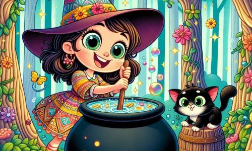 Lulu, la sorcière farfelue, est une jeune fille aux grands yeux ronds et à la robe colorée. Elle mélange des ingrédients dans un chaudron bouillonnant, son visage rayonnant de joie. À ses côtés, Merlin, son chat magique noir aux yeux verts, est prêt à sauter, amusé. La scène se déroule dans une forêt enchantée, entourée de grands arbres tordus, avec des fleurs colorées et des paillettes flottant dans l'air. Lulu et Merlin concoctent une potion pétillante qui fait rire tout le monde, tandis que des bulles colorées illuminent la forêt.