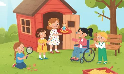 Cinq filles de 4 ans dans le jardin de l'école au matin : Lila, cheveux bruns courts, robe jaune, debout près d’un banc avec le chapeau rouge ; Zoé, tresses, tee-shirt bleu, agenouillée à gauche avec une loupe ; Mina, blonds en couettes, salopette verte, applaudissant près du bac à sable ; Ana, queue noire, veste rose, assise en fauteuil roulant montrant un petit bout de ruban jaune ; Emma, châtains, robe à pois, debout dans l'encadrement d'une petite cabane en bois tenant la poupée qui était sur le chapeau. Scène ensoleillée aux couleurs vives : pelouse, fleurs, banc usé, bac à sable et cabane rouge ouverte, ambiance de découverte et de réconciliation alors que les quatre détectives retrouvent le chapeau dans la cabane, sourires, formes simples et contours nets.