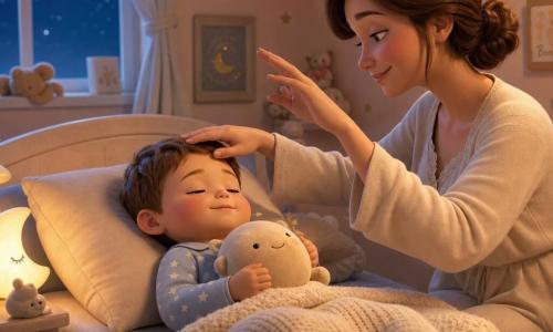 Un garçon de 2 ans calme, en pyjama bleu clair étoilé, dort paisiblement sur son lit en serrant un doudou rond beige; sa mère d'environ 30 ans, chignon bas châtain et tenue crème, assise au bord du lit à droite, pose une main sur son front et fait des gestes de papillon de l'autre main; petite nursery éclairée par une lumière de lune argentée, murs pêche pâle avec étoiles dorées, couverture en tricot crème et veilleuse lune sur la table de chevet à gauche; ambiance zen au coucher, souffle visible, gestes lents, couleurs pastel, textures chaudes, atmosphère douce et sécurisante.