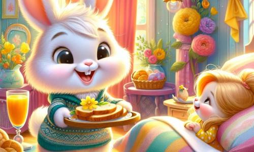 Petit Pouf, un petit lapin aux poils doux et aux grandes oreilles rondes, est debout sur ses pattes arrière, souriant joyeusement. Il tient un plateau avec des tartines dorées, un verre de jus d'orange et une fleur jaune. Sa maman, une douce lapine au pelage crème et aux yeux tendres, est allongée dans un lit moelleux, émerveillée par la surprise de son petit. La scène se déroule dans une chambre chaleureuse aux murs pastel, avec des rideaux colorés et des rayons de soleil. Petit Pouf présente fièrement son petit-déjeuner magique à sa maman, créant une atmosphère de tendresse et d'amour.
