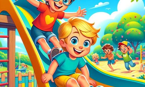 Deux garçons de 7 ans, Leo et Max, jouent au parc. Leo, avec des cheveux bruns et des lunettes, glisse sur un toboggan coloré, les bras levés en riant. Max, aux cheveux blonds et souriant, attend son tour derrière lui. Le parc est fleuri, avec des arbres et un ciel bleu. La scène illustre leur amusement sur le toboggan, reflétant l'esprit des vacances d'été.