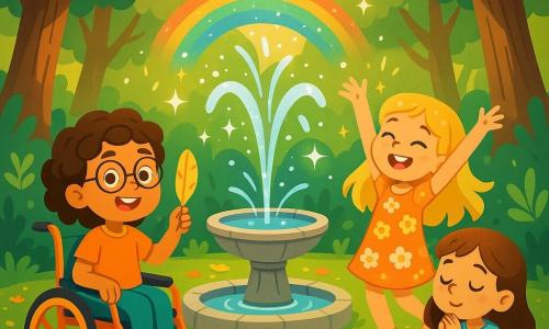 Trois personnages se trouvent au centre de la clairière enchantée : Léna (10 ans, cheveux bruns bouclés, lunettes rondes, assise dans un fauteuil roulant coloré, tenant une plume dorée), Zoé (9 ans, cheveux blonds longs, robe à fleurs, dansant autour de la fontaine avec les bras en l'air) et Mia (9 ans, cheveux châtains, t-shirt bleu et short, assise sur un rocher, les yeux fermés en train de faire un vœu). La clairière est entourée d'arbres majestueux aux feuilles brillantes, le sol est couvert de pétales de fleurs colorées, et une fontaine étincelante projette des jets d'eau créant un arc-en-ciel. Les trois amies vivent un moment magique, prêtes à faire un vœu symbolisant leur amitié et leur esprit d'aventure.