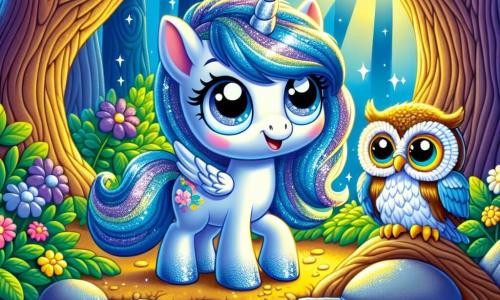 Une petite licorne bleue, Lila, se tient au bord d'un lac scintillant, ses yeux brillants de curiosité et de joie. Sa crinière bleu éclatant est parsemée de paillettes d'argent, et sa corne étincelle sous le soleil. Elle admire son reflet dans l'eau, un sourire radieux illuminant son visage. À ses côtés, un vieux hibou sage aux plumes dorées et lunettes rondes l'observe avec bienveillance, perché sur une branche d'arbre. Le décor est une forêt enchantée avec des arbres aux troncs épais, des feuilles vertes vibrantes et des fleurs colorées, tandis que le lac est entouré de pierres brillantes et baigné de rayons de soleil. Lila découvre ainsi qu'elle est unique et précieuse, entourée de la beauté de la nature.