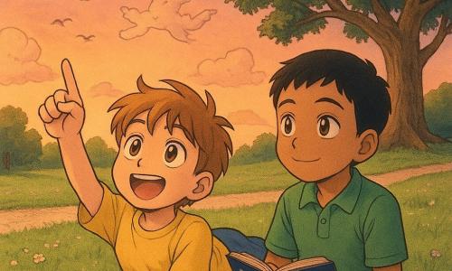 Deux garçons d'environ 8 ans — l'un souriant et curieux, allongé sur l'herbe et pointant un nuage, cheveux châtain clair en mèches, t-shirt jaune et short bleu ; l'autre calme et émerveillé, assis à côté et tenant un petit livre sur les étoiles, peau un peu plus foncée, cheveux noirs courts, polo vert — sont proches l'un de l'autre dans un grand parc parsemé de petites fleurs blanches et mauves, devant un immense chêne noueux et un chemin en gravier; le ciel crépusculaire orangé et rosé, avec des nuages en formes reconnaissables (tortue, dragon) et quelques oiseaux en vol, baigne la scène d'une lumière douce aux ombres longues, palette chaude et pastel; style manga jeunesse aux traits ronds et expressifs, textures d'herbe détaillées et ambiance chaleureuse et apaisante.
