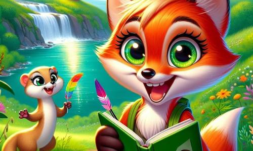 Un jeune renard à la fourrure rousse éclatante, aux yeux malicieux, se tient au bord d'un lac émeraude, souriant. Il tient un carnet dans ses pattes avant, prêt à écrire ses aventures d'été. À côté de lui, sa grande sœur, une belette au pelage beige, regarde avec enthousiasme, tenant une plume colorée qu'elle a trouvée. En arrière-plan, le lac scintille sous le soleil, entouré de verdure et de fleurs sauvages, tandis qu'un vieux phare se dresse sur une colline, ajoutant du mystère à la scène. Le renard et sa sœur sont plongés dans l'excitation de capturer les souvenirs de leur journée d'exploration, entourés de la beauté naturelle de leur vallée.