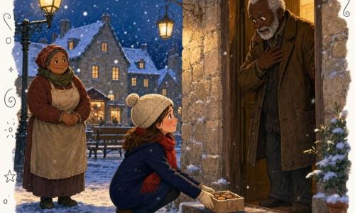 Éloïse, 10 ans, souriante aux joues rosies, en manteau bleu marine, bonnet crème et écharpe rouge, accroupie sur la neige fraîche pour déposer discrètement une petite boîte de biscuits sur le pas d’une maison ; Marius, ~75 ans, cheveux gris et barbe courte, en manteau brun usé, se tient à demi dans l’embrasure, surpris et ému, main sur la poitrine ; Mme Rose, vendeuse d’environ 50 ans, ronde et souriante, en tablier et bonnet, observe bienveillante à quelques pas, éclairée par une lanterne ; place de village enneigée la nuit, pavés partiellement couverts, lampadaires à lumière chaude, maisons de pierre aux fenêtres illuminées, flocons dans l’air et reflets sur la neige, atmosphère douce et intime centrée sur l’acte de don anonyme sous une lueur dorée.
