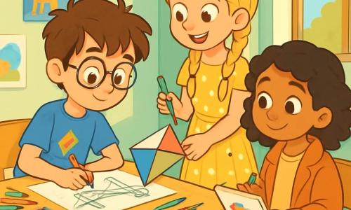 Il y a trois personnages : Naël, un garçon de 10 ans avec des cheveux bruns en bataille et des lunettes rondes, qui porte un t-shirt bleu avec un dessin de cerf-volant et un short en jean, assis à une table à dessin en se concentrant sur un dessin de pont en papier. Lila, une fille de 10 ans aux cheveux blonds tressés et aux yeux pétillants, porte une robe jaune à pois et des sandales, se tenant debout à côté de Naël avec un feutre coloré pour ajouter des détails. Mira, une fille de 9 ans avec des cheveux noirs bouclés et un sourire doux, porte un manteau trop grand et un pantalon en velours, assise sur une chaise avec un carnet de croquis, observant ses amis tout en dessinant des cerfs-volants. L'histoire se déroule dans une salle de classe lumineuse aux murs verts pastel, avec des fenêtres ouvertes et des affiches colorées. Les trois enfants créent ensemble un cerf-volant en papier, échangeant des idées et riant, leurs visages illuminés par l'excitation, avec des mots en différentes langues sur le cerf-volant symbolisant leur amitié et leur désir de construire des ponts au lieu de murs.