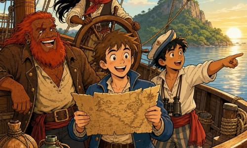 Timothée, yeux brillants et sourire large, cheveux bruns en bataille, veste bleue légère, tient fièrement une vieille carte jaunie sur le pont avant du vieux bateau Le Vaillant ; à sa gauche, Barbe-rouge, grand homme à la barbe rousse épaisse et cicatrice sur la joue, veste marron usée, s’appuie sur le bastingage en riant ; à sa droite, Léo, jeune d’environ 20 ans, petit et vif, chapeau de marin décalé et jumelles autour du cou, pointe l’horizon ; en retrait, Morgane, cheveux noirs en queue et écharpe rouge, tient la barre avec assurance ; autour, pont en bois verni, voiles blanches gonflées, mer calme aux reflets dorés du matin et, au loin, une île verdoyante avec une grosse colline — l’équipage vient d’apercevoir l’île au trésor, ambiance joyeuse et d’aventure, couleurs chaudes et traits expressifs.