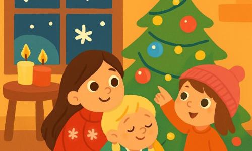 Il y a trois personnages : Lily, une petite fille de 7 ans aux longs cheveux bruns, portant un pull rouge avec des flocons blancs, assise sur le sol avec des yeux émerveillés devant le sapin ; Rose, 6 ans, avec des cheveux blonds tressés et une robe verte à pois blancs, blottie contre Lily avec une couverture douce ; et Mia, 5 ans, avec des cheveux châtains et un bonnet rose, debout à côté du sapin, pointant l'étoile dorée au sommet. L'action se déroule dans un salon chaleureux décoré pour Noël, avec un grand sapin illuminé et des bougies créant une ambiance douce. Les trois filles, émerveillées par la magie de Noël, partagent un moment tendre sous le sapin, entourées de décorations scintillantes et de flocons de neige.