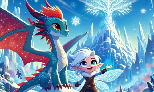 Un petit dragon nommé Flamme, avec des écailles rouges et des yeux curieux, se tient au sommet d'une montagne glaciale, prêt à s'envoler avec détermination. À ses côtés, une elfe de glace nommée Cristal, aux cheveux argentés et aux ailes transparentes, sourit en utilisant sa magie pour apaiser le vent. Le décor est féerique, avec un ciel bleu, des flocons de neige et un arbre de glace scintillant. Flamme et Cristal sont unis dans leur quête pour protéger le sanctuaire magique, entourés de stalactites brillantes et de paysages enneigés.