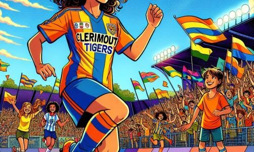 Chloé, une jeune femme souriante aux cheveux bouclés, porte un maillot de football aux couleurs des Tigres de Clermont. Elle dribble le ballon avec agilité, son visage rayonnant de détermination et de joie. À ses côtés, Lucas, un garçon d'environ 8 ans avec des cheveux bruns en bataille et un maillot trop grand, l'observe avec admiration, tenant un ballon sous le bras. La scène se déroule sur un terrain de football verdoyant, entouré de gradins remplis de supporters enthousiastes. Chloé passe le ballon à Lucas, qui s'apprête à tirer vers le but, capturant l'esprit du football, mêlant amitié et passion du sport.
