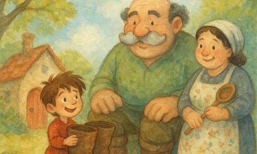 Le Petit Poucet, un garçon minuscule aux cheveux bruns ébouriffés, sourit en tenant des bottes géantes adaptées à sa taille. L'ogre, un homme immense avec une moustache en nuage, regarde Poucet avec bienveillance, ses bottes à côté de lui. L'ogresse, une femme avec un tablier fleuri, se tient à côté de l'ogre avec une louche en bois, un air accueillant. Ils sont devant une maison à porte rouge, entourée d'arbres aux feuilles vertes et dorées. La scène montre Petit Poucet rendant les bottes à l'ogre sous un ciel bleu parsemé de nuages, avec des rayons de soleil à travers les branches.