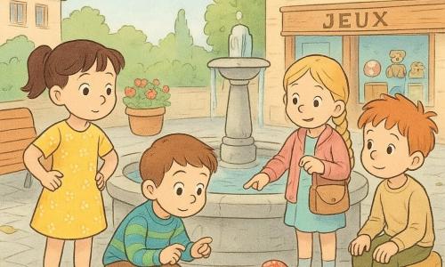 Quatre enfants de 5 ans — Lila (fille, cheveux bruns en couette, robe jaune à fleurs, mains sur les hanches, à gauche), Nino (garçon, cheveux châtains courts, pull rayé, accroupi devant la fontaine en train de compter sur ses doigts), Sara (fille, cheveux blonds en tresse, veste rose, derrière Nino, tenant un petit sac et pointant le foulard) et Tom (garçon, cheveux roux ébouriffés, pantalon kaki, assis sur un pouf jaune à droite, les mains sur les genoux) — sont sur une petite place ensoleillée avec une fontaine ronde en pierre, un banc verni, pots de fleurs, pavés et boutique de jeux ; ils ont trouvé un foulard rouge à pois blancs coincé entre le banc et la fontaine, légèrement mouillé et posé comme un petit drapeau, et le montrent à la maîtresse hors champ avec des expressions de fierté douce ; style visuel pastel, contours fins, atmosphère de découverte et de calme.