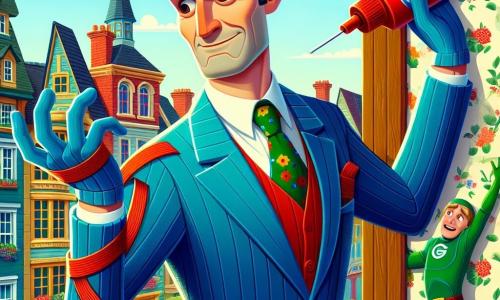 M. Patafix, un homme d'une trentaine d'années avec des cheveux en désordre et un costume coloré bleu et rouge, semble déterminé et perplexe en essayant de se libérer d'un mur en papier peint. À ses côtés, Super Élastico, un garçon d'environ 25 ans aux cheveux blonds et au costume vert vif, tend la main vers lui avec un sourire encourageant. La scène se déroule dans une rue animée de Trifouillis-les-Oies, entourée de maisons colorées et d'enfants jouant, sous un soleil radieux, créant une ambiance joyeuse. M. Patafix lutte pour se dégager tandis que Super Élastico est prêt à l'aider dans cette situation cocasse.