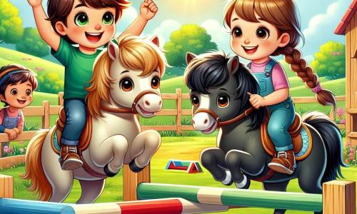 Léo, un garçon de 8 ans aux cheveux bruns en bataille, et Mia, une fille de 7 ans avec de longs cheveux blonds tressés, montent respectivement un poney noir et un poney beige. Léo, à gauche, lève les bras en signe de victoire, tandis que Mia, à droite, est prête à sauter. L'action se déroule dans une ferme ensoleillée, entourée de champs verdoyants et de fleurs colorées, avec une clôture en bois et des obstacles peints de couleurs vives. Ils sautent ensemble par-dessus un petit obstacle, leurs visages rayonnants de bonheur, tandis que d'autres enfants les encouragent, créant une atmosphère joyeuse.