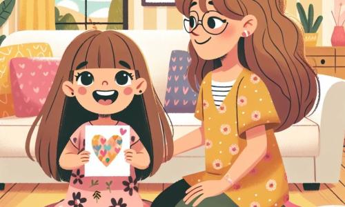 Lucie, une fille de 8 ans aux longs cheveux châtains et aux yeux joyeux, est assise sur le sol d'un salon chaleureux, entourée de coussins colorés. Elle porte une robe à fleurs et sourit en tenant une carte décorée de cœurs. Sa maman, d'environ 35 ans, avec des cheveux bruns en chignon et des lunettes, regarde la carte avec émotion, assise sur le canapé. Le salon lumineux a des murs jaunes, des plantes aux fenêtres et des dessins d'enfants accrochés. Elles partagent un moment tendre, Lucie offrant son cadeau de fête des mères, tandis qu'un gâteau au chocolat est posé sur la table basse, ajoutant une douceur à cette scène.