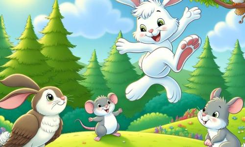 Un lapin blanc nommé Flocon, avec de grandes oreilles et un sourire joyeux, saute haut dans les airs, montrant son enthousiasme pour la gymnastique. À côté de lui, un hibou sage nommé Hocus l'observe avec fierté, prêt à donner des conseils. Un petit souris gris nommé Tim, l'air inquiet après sa chute, se tient en retrait. La scène se déroule dans une clairière ensoleillée, entourée d'arbres et de fleurs, avec un tapis d'herbe douce. Flocon effectue un saut spectaculaire, tandis que Hocus l'encourage et que Tim regarde avec admiration, créant une ambiance joyeuse.