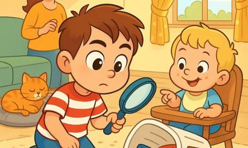 Léo, 4 ans, fier et concentré, cheveux châtain courts en bataille, tient une loupe et penche son visage vers un panier à linge où apparaît une chaussette bleue à étoiles jaunes; Hugo, ~2 ans, joufflu, cheveux blonds, miettes de biscuit au menton, est assis dans une chaise haute à droite en souriant et en pointant le panier; la chatte rousse Mitaine dort sur un coussin gris, la mère d'une trentaine d'années, cheveux longs attachés, sourit en arrière-plan près de la table de cuisine en tenant un biscuit. Salon-cuisine ensoleillé, tapis crème tâché de chocolat, canapé vert pastel, panier blanc renversé avec vêtements colorés et jouets, lumière chaude du matin à travers un rideau à pois; une piste de miettes mène de la chaise haute au panier. Ambiance joyeuse et curieuse, couleurs vives, traits doux et contours arrondis, style illustratif années 90, composition centrée sur les visages expressifs et la chaussette visible.