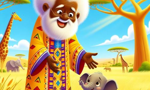 Un homme âgé, Papa Kouma, souriant et vêtu d'une tunique colorée, se tient dans la savane, les bras ouverts pour réconforter un petit éléphant triste. Ce dernier, les larmes aux yeux, regarde Papa Kouma avec espoir. La scène se déroule dans une savane dorée, sous un ciel bleu éclatant, où ils cherchent la famille de l'éléphant, entourés d'animaux curieux comme des girafes et des singes.