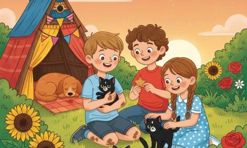 Trois enfants d'environ 8 ans réunis devant leur cabane secrète au coucher du soleil : Lucas, châtain clair, souriant, tient contre sa poitrine un petit chaton noir à tache blanche sur le nez ; Max, brun bouclé en t‑shirt rouge, offre un biscuit en forme d'étoile ; Lila, cheveux longs tressés, robe à pois bleu clair, s'agenouille pour caresser le chaton. Le chaton Noisette joue avec une tige d'herbe au premier plan, la chienne Roxy, roux, dort sur une couverture près de la cabane en bois ornée de guirlandes de fanions. Jardin foisonnant de pelouse verte, grandes fleurs colorées et buissons, ciel orangé avec nuages roses, ambiance chaleureuse et lumière douce, rendu clair et lisible pour un livre jeunesse.