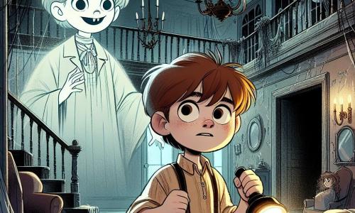 Lucas, un garçon de 10 ans, se trouve au centre d'une maison hantée aux murs décrépits et aux toiles d'araignées. Avec ses cheveux bruns en bataille et ses yeux écarquillés de curiosité, il tient une lampe de poche et un carnet, prêt à affronter ses peurs. À ses côtés flotte un enfant fantomatique d'environ 10 ans, vêtu de vêtements anciens, qui semble l'encourager. Une ombre noire et menaçante se profile dans un coin, créant une atmosphère inquiétante. La grande salle est ornée de miroirs craquelés, de chandeliers poussiéreux et de meubles recouverts de draps blancs. Lucas, déterminé, se prépare à affronter l'ombre, qui se contracte face à la lumière de sa lampe.