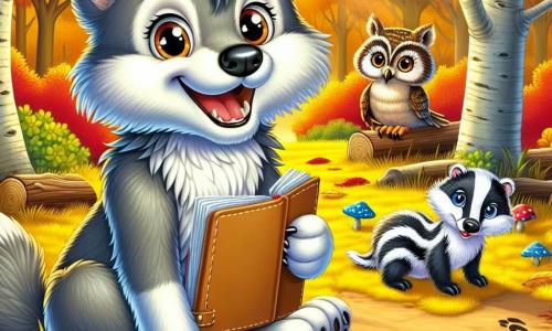 Illustration d'un jeune loup au pelage gris et aux yeux curieux, souriant tout en tenant un carnet. Il est assis sur un tapis de feuilles dorées, entouré de couleurs chaudes d'automne. À proximité, une petite chouette brune, avec des yeux sages, observe le loup avec émerveillement, perchée sur une branche. Un blaireau rayé noir et blanc, sérieux mais amical, examine des traces d'animaux près du loup. La scène se déroule dans une clairière ensoleillée, avec des arbres aux feuilles flamboyantes et des champignons colorés. Le loup et ses amis découvrent les merveilles de l'automne, notant leurs observations. Des guirlandes de feuilles, des lanternes en forme de citrouille et un ciel bleu parsemé de nuages ajoutent à l'atmosphère chaleureuse.