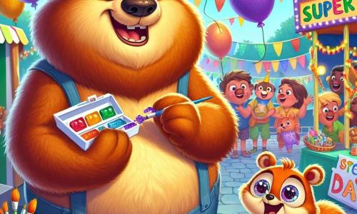 Oscar l’ours, un grand ours brun aux poils ébouriffés, exprime excitation et inquiétude. Il est devant un stand de bricolage, tenant une boîte de peinture colorée. À ses côtés, un petit écureuil souriant, portant un chapeau de fête, l'encourage à créer un cadeau pour son papa. Le lieu est animé, décoré de ballons et de guirlandes, avec des familles joyeuses autour de stands de jeux. Oscar peint un grand panneau « Super Papa » avec des couleurs vives, tandis que l’écureuil l’encourage, créant une atmosphère festive.