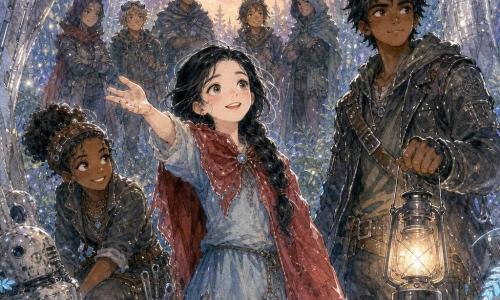 Blanche-Neige, jeune fille à la peau très claire et aux longs cheveux noirs tressés, regarde l'horizon en souriant, vêtue d'une robe bleu pâle tachée et d'une cape rouge froissée, la main tendue vers les autres; à sa droite un jeune rebelle d'environ 18 ans en veste de cuir usée tient une lanterne à huile pour la protéger; à gauche une rebelle d'environ 16 ans, accroupie près d'un tronc, porte des outils à la ceinture et sourit malicieusement; en arrière-plan cinq silhouettes de rebelles forment un demi-cercle, vigilantes et amicales; la scène se déroule dans une clairière forestière futuriste aux troncs argentés, fougères luminescentes et petites lanternes suspendues, un robot domestique cassé appuyé contre une souche; crépuscule aux couleurs pastel, lumière douce et reflets au stylo blanc, ambiance d'espoir et d'aventure.