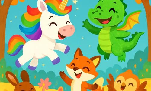 Une petite licorne aux couleurs de l'arc-en-ciel, avec une crinière brillante et une corne scintillante, vole joyeusement dans le ciel bleu, son visage rayonnant de bonheur. À côté d'elle, un petit dragon vert aux écailles étincelantes bat des ailes avec enthousiasme, flottant légèrement au-dessus du sol. La scène se déroule dans une clairière magique, entourée d'arbres dorés et de fleurs multicolores. Le sol est recouvert de feuilles dorées et de pétales brillants. La licorne et le dragon célèbrent le premier vol de Toudou, entourés de leurs amis animaux qui applaudissent et dansent, remplissant l'air de joie.
