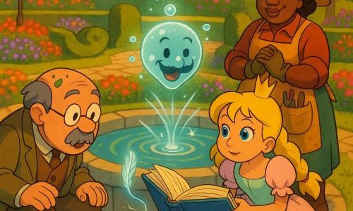 Princesse Mirabelle, accroupie au bord d’une fontaine en pierre, sourit doucement, tresses blondes, petite couronne dorée de travers, robe pastel à volants et bottines, tenant un grand grimoire bleu épais sur les genoux; Maître Pommier, homme d’environ 60 ans au visage rond, moustache grisonnante et lunettes ovales, vêtu comme un bibliothécaire poussiéreux avec confettis verts sur la tête, est assis à gauche, penché et étonné en regardant le grimoire; Dame Capucine, femme d’environ 45 ans avec chapeau fleuri et petit nid, gants terreux et tablier à outils, se tient debout derrière la princesse, mains jointes, amusée; au centre de la fontaine apparaît l’Esprit du Rire, bulle d’eau moustachue et scintillante aux yeux malicieux entourée de petites bulles et de remous lumineux; le grimoire est ouvert, pages flottantes et fermoir argenté brillant, une plume magique s’échappant en spirale; le Jardin des Simples forme un cercle de parterres colorés, haies souriantes, allée pavée, lampes en fleurs et herbes aromatiques visibles sous une lumière douce dorée de fin d’après-midi; scène calme et amusante, la princesse écoute la fontaine pour résoudre le hoquet du grimoire, ambiance chaleureuse, expressions amicales, couleurs vives, traits nets style cel shading, composition centrée sur la fontaine avec les personnages en demi-cercle.