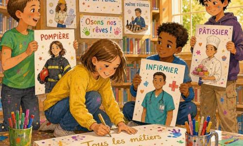 Lina, 10 ans, souriante et fière, cheveux châtain clair au carré, en pull jaune et jean, est accroupie et écrit au feutre doré sur une grande affiche blanche ; Zoé, 9 ans, énergique, cheveux très courts en t‑shirt vert, tient à gauche une affiche montrant une femme pompier ; Samir, 10 ans, calme, peau brune, t‑shirt bleu, est assis à droite et montre un dessin d’un homme infirmier ; Hugo, 11 ans, timide mais souriant, cheveux noirs en bataille, se tient légèrement en retrait avec une affiche de pâtisserie. Le groupe est réuni autour d’une table dans la bibliothèque de l’école aux grandes étagères en bois, le soleil traverse une grande fenêtre, tables basses avec pots de feutres et feuilles colorées, une rampe d’affichage est remplie d’affiches ; ils collent et accrochent des affiches représentant des métiers non stéréotypés, l’ambiance est joyeuse et solennelle, avec gestes actifs, confettis de papier et doigts tachés de peinture.