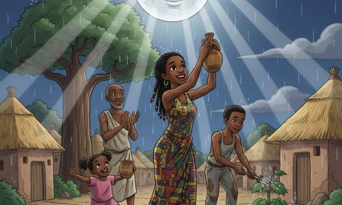 Amani, jeune femme courageuse aux tresses noires perlées, sourit en levant une gourde d'argile sous la pluie ; Baba, homme d'environ 60 ans à la barbe grise, applaudit près d'un grand baobab ; une fillette d'environ 8 ans sautille au premier plan avec un petit pot en terre ; un adolescent d'environ 14 ans en salopette arrose un plant de manioc ; la lune ronde inonde la clairière du village de sa lumière argentée, les maisons en banco et le sol boueux reflètent la scène tandis que la communauté célèbre le retour de l'eau dans une atmosphère chaleureuse et pleine d'espoir.