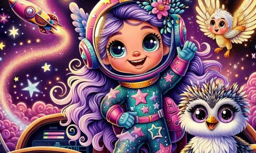 Lila, une pilote courageuse aux cheveux longs et ondulés violet, porte une combinaison spatiale brillante ornée d'étoiles. Elle sourit déterminée à l'intérieur de son vaisseau coloré, entourée de lumières éclatantes. À ses côtés, une petite créature aux ailes scintillantes, d'environ 10 ans, l'encourage en levant les bras. Un vieux hibou aux plumes argentées se perche sur le tableau de bord, observant attentivement. Le vaisseau est au cœur d'une nébuleuse magique avec des nuages roses et violets tourbillonnant autour d'étoiles brillantes. Lila est prête à combattre les Ombres Noires qui approchent, déterminée à protéger son monde magique, soutenue par la petite créature et le hibou.