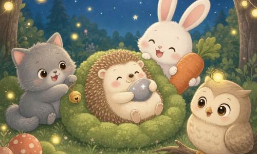 Pimpon, petit hérisson rond aux piquants courts brun clair et crème, est allongé sur un lit de mousse verte en serrant un caillou brillant; Pompom, chaton gris duveteux, assis à côté, balance un grelot doré; Léo, lapin blanc aux grandes oreilles roses, rit derrière le lit en tenant une grosse carotte orange; Mimi, chouette beige aux grands yeux noisette, est perchée sur une branche à droite avec une luciole sur la tête; la clairière nocturne et cosy — herbe moelleuse, champignons rouges et blancs, guirlandes de lucioles, lune argentée et quelques étoiles — baigne la scène d'une lumière chaude aux couleurs pastel, sereine et joyeuse.