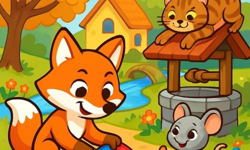 Au centre de l'image, Renard Roux, un renard aux poils roux éclatants et aux yeux curieux, rassemble des morceaux de tissu coloré, le sourire déterminé. À ses côtés, Souris Pâtissière, une petite souris grise avec un tablier à pois, tient une miette de tissu et admire Renard. Un peu plus loin, Chat, un chat tigré aux yeux verts, s'étire paresseusement sur le toit d'un puits, observant la scène avec amusement. Le lieu est une charmante place du village, entourée d'arbres aux feuilles dorées et d'un ruisseau scintillant. Des fleurs colorées bordent le chemin, et un vieux pont en bois ajoute une touche de magie. Renard et ses amis sont en quête des morceaux de l'étendard-trésor, illustrant l'esprit d'entraide et d'aventure qui les unit.