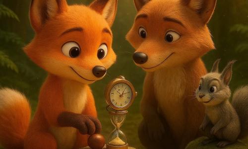 Un jeune renard roux au pelage brillant et à la queue touffue, visage expressif et sourire concentré, pose une patte sur une machine bricolée (montre cassée, sablier, ressort) avec un bouton en noisette ; à ses côtés un renard un peu plus âgé au pelage plus terne et à la petite cicatrice près de l'oreille pose la patte sur son épaule, prêts à appuyer ensemble, tandis qu'un vieil écureuil moustachu observe depuis une racine, le tout dans une clairière magique aux grands arbres couverts de lichen, fougères géantes, mousse épaisse et rayons de lumière dorée, la machine posée sur une grosse pierre en forme de cœur entourée de marrons et d'outils, ambiance chaleureuse d'amitié, de courage et d'émerveillement, style doux, rond et coloré d'un film d'animation 3D pour enfants.