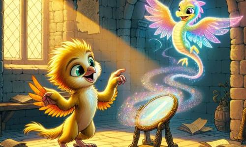 Au centre de l'image, Gratouillot, un jeune griffon aux plumes dorées et aux yeux curieux, se tient debout sur ses pattes arrière, émerveillé par un miroir magique scintillant. À sa droite, Tourneboulette, un petit dragon translucide aux ailes iridescentes, virevolte joyeusement, prêt à l'accompagner dans cette aventure. Le décor est une vieille tour abandonnée avec des murs en pierre couverts de lierre et des rayons de lumière dorée filtrant à travers des fenêtres brisées, illuminant des parchemins poussiéreux. Gratouillot touche le miroir, déclenchant un tourbillon de lumière colorée qui remplit la pièce, projetant des ombres dansantes sur les murs et créant une atmosphère magique.