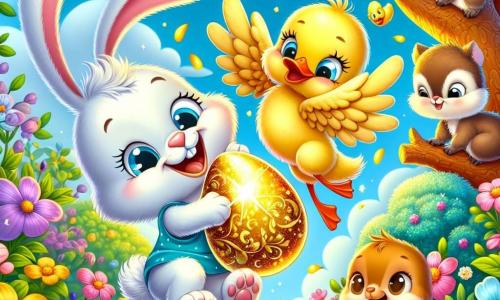 Petit Lapin, un adorable lapin aux grandes oreilles et à la fourrure blanche, saute de joie avec un sourire éclatant, tenant un œuf doré dans ses pattes. À ses côtés, Caneton, un petit canard jaune aux plumes douces, regarde l'œuf avec émerveillement. Écureuil, un écureuil brun à la queue touffue, grimpe sur une branche, curieux de la scène. Cela se passe dans un jardin ensoleillé rempli de fleurs colorées et d'un grand arbre magique. L'illustration montre Petit Lapin et ses amis découvrant l'œuf doré, symbolisant l'esprit de Pâques et l'amitié.