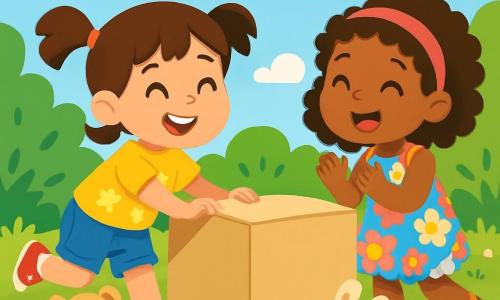 Zoé, une fille de 6 ans avec des couettes brunes, porte un t-shirt jaune et un short en denim. Elle pousse une grande boîte en carton avec un grand sourire. À ses côtés, Mila, également âgée de 6 ans, a des cheveux bouclés et un bandeau rose, vêtue d'une robe à fleurs colorées. Elles rient et tapent sur la boîte. L'action se déroule dans un jardin ensoleillé, rempli de fleurs et d'arbres, avec un ciel bleu et des oiseaux volant autour. Zoé et Mila s'amusent à faire rouler la boîte tout en chantant des chansons, entourées de leurs doudous.