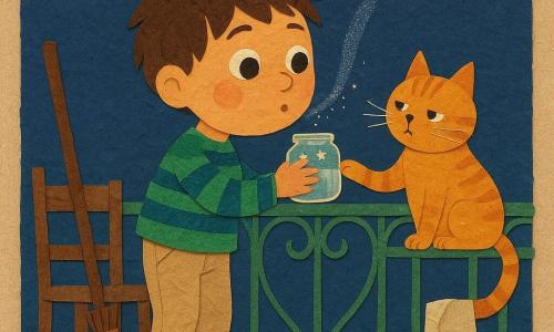 Garçon de 8 ans au visage rond et cheveux châtain en bataille, yeux curieux, soufflant vers un petit bocal en verre posé sur la rambarde, pull rayé bleu et vert, pantalon beige, sur la pointe des pieds; chat roux nommé Biscotte, compact, patte avant sur le bocal, regard attentif et un peu snob; balai en bois aux poils bruns appuyé contre une chaise avec un air amusé; balcon en fer forgé vert avec une soucoupe cassée et un torchon froissé; ciel nocturne bleu profond en papier froissé avec un coin plus clair et une étoile qui cligne, traînée de poussière argentée formant un arc sortant du bocal; ambiance fantaisie humoristique, couleurs vives, collages de papiers texturés et bords découpés, composition simple et lisible pour enfants.