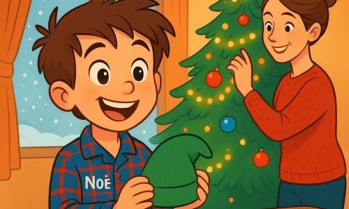Un garçon de 8 ans, Noë, avec des cheveux bruns en bataille et des yeux curieux, se tient au centre. Il porte un pyjama à carreaux rouges et bleus et tient un petit bonnet vert, souriant espièglement. À côté, sa maman, environ 35 ans, avec des cheveux châtains en chignon, sourit en décorant le sapin de Noël avec des guirlandes scintillantes, vêtue d'un pull rouge. Le décor est une maison de Noël chaleureuse avec un grand sapin illuminé, des biscuits sur la table et des flocons de neige tombant doucement à l'extérieur. Noë est prêt à découvrir les surprises du Lutin Farceur, émerveillé par les décorations et impatient de vivre une nouvelle aventure magique.