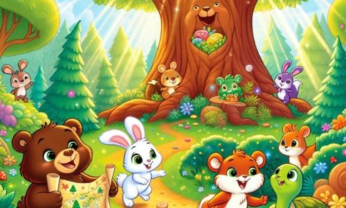 Un ours nommé Benjamin, avec un pelage brun et des yeux pétillants, se tient devant un grand chêne, tenant une carte au trésor. Il sourit, prêt à partir à l'aventure. À ses côtés, un lapin blanc nommé Rémi saute de joie, tandis qu'une tortue verte nommée Tessa observe avec curiosité et un petit écureuil roux nommé Émilie grimpe sur une branche, les yeux brillants d'anticipation. Ils se trouvent dans une forêt enchantée, entourés d'arbres, de fleurs colorées et de rayons de soleil, prêts à chercher un trésor de bonbons sous les racines du chêne, dans une ambiance d'aventure et de camaraderie.