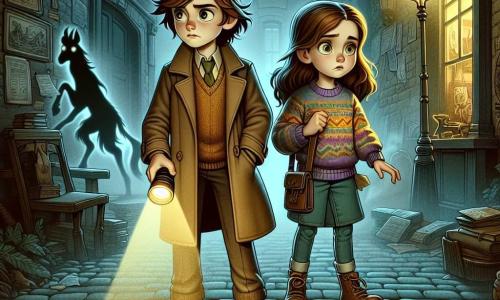 Deux personnages principaux : Léo, un garçon de 12 ans avec des cheveux bruns en bataille, portant une casquette en tweed et un trench-coat, se tient à gauche, tenant une lampe de poche qui éclaire son visage curieux. À sa droite, Émilie, une fille de 12 ans aux longs cheveux châtains, vêtue d'un pull coloré et d'un jean, regarde avec détermination vers l'avant, une carte ancienne à la main. Leur environnement est une ruelle brumeuse de la ville, avec des pavés usés et des lampadaires diffusant une lumière vacillante. Des ombres mystérieuses dansent autour d'eux, et une boutique d'antiquités ancienne se dresse en arrière-plan. Léo et Émilie découvrent des empreintes de sabots brillants sur le sol, témoignant du passage d'une licorne, tandis qu'une silhouette spectrale émerge des ombres, les observant avec des yeux luminescents.