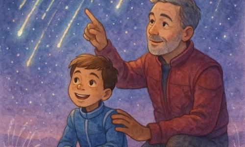 Un garçon d'environ 9 ans aux cheveux châtain clair et yeux brillants, souriant dans une petite combinaison spatiale bleue à détails argentés, est assis sur un sol sablonneux rose pâle, mains jointes, émerveillé par une pluie d'étoiles; à ses côtés, un capitaine d'une quarantaine d'années aux cheveux courts grisonnants et barbe légère, au visage bienveillant, porte une veste spatiale bordeaux, pose une main rassurante sur son épaule et pointe le ciel violet-indigo parsemé d'étoiles et de longues traînées lumineuses blanches, or et turquoise, l'ensemble dégageant une ambiance magique, tendre, aux lumières douces et ombres délicates.