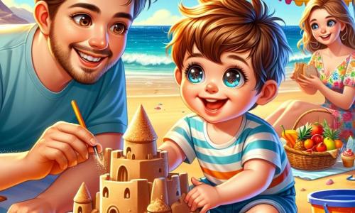 Lucas, un petit garçon de 2 ans aux cheveux bruns en désordre et aux grands yeux pétillants, construit un château de sable sur la plage, souriant et concentré, avec des grains de sable sur ses joues. Son papa, un homme d'une trentaine d'années avec une barbe légère et un t-shirt bleu, l'aide en riant. Sa maman, une femme de la même tranche d'âge avec de longs cheveux blonds et une robe colorée, prépare un pique-nique sur une serviette. La plage est belle, avec un ciel bleu, des vagues douces et des parasols colorés. Lucas et son papa construisent le château sous le soleil d'été, entourés de rires.