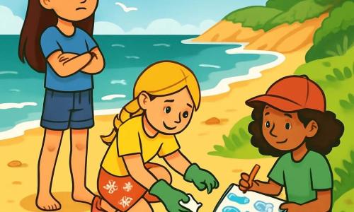 Trois personnages sont présents : Léna, une fille de 10 ans aux longs cheveux bruns, en t-shirt bleu et short en jean, debout sur le sable avec les bras croisés et un regard déterminé vers la mer ; Camille, également âgée de 10 ans, avec des cheveux blonds tressés, portant un t-shirt jaune et une jupe à fleurs, accroupie pour ramasser un déchet avec un gant de jardinage ; et Sofia, ayant des cheveux bouclés et une casquette rouge, habillée d'un t-shirt vert et de pantalons courts, assise sur une dune en train de dessiner des animaux marins. La scène se déroule sur la Plage d'Argent, une plage de sable doré entourée de dunes et de vagues scintillantes, sous un ciel bleu parsemé de nuages. Les trois amies nettoient la plage : Léna observe la mer, Camille ramasse des déchets, et Sofia dessine pour sensibiliser les autres. L'atmosphère est joyeuse et engagée, reflétant leur volonté de protéger l'environnement.