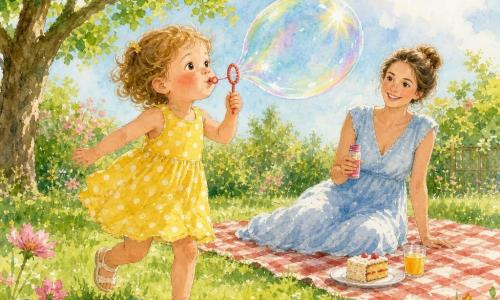 Fille de 2 ans, joyeuse et émerveillée, cheveux châtain clair en petites boucles, yeux ronds et joues rosées, en robe jaune à pois blancs souffle une grande bulle de savon en courant; la mère, vers 30 ans, souriante, cheveux bruns en chignon, en robe d’été bleu ciel, assise sur une couverture à quelques pas tient le récipient à bulles et la regarde; jardin d’été avec pelouse verte, grand arbre feuillu à gauche, fleurs sauvages roses et blanches, ciel bleu clair et lumière chaude du soleil; bulles translucides et iridescentes flottent, la fillette essaie d’en attraper une pendant que la mère rit, couverture de pique-nique rouge et blanche avec part de gâteau et verre de jus.