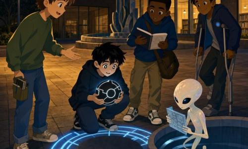 Cinq personnages se rencontrent paisiblement la nuit dans la cour pavée d'une bibliothèque municipale : Kio, garçon d'environ 12 ans, peau pâle, cheveux noirs courts, accroupi au centre tenant un disque noir mat aux lignes argentées qui pulse ; Noé, 12 ans, cheveux châtains en bataille, main tendue en signe d'accueil, carnet en poche, à gauche de Kio ; Malik, 12 ans, peau bronzée, sac au dos et cahier ouvert, à droite de Kio, légèrement en retrait ; Léo, 12 ans, appuyé sur des béquilles près de l'escalier menant au souterrain, sourire tranquille et veste avec un bouton bleu ; et Sélén, petit extraterrestre à la peau nacrée et grands yeux sombres, flottant au-dessus d'une ouverture ronde et tendant une petite plaque transparente gravée de symboles; l'atmosphère est calme et émerveillée, éclairée par un lampadaire jaune et une grille de lumière bleutée dessinant un cercle autour d'une dalle sombre, avec en arrière-plan une fontaine sèche, murs de briques et grandes fenêtres vitrées.