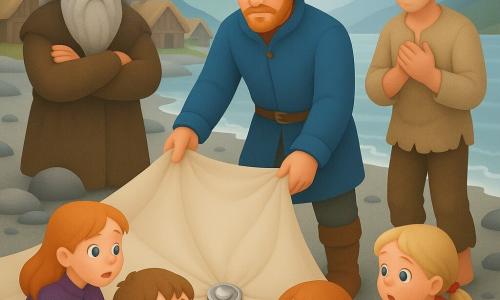 Einar, visage serein et déterminé, cheveux châtain clair en bataille et barbe courte, tient une vieille voile déployée et pose une petite boucle d'argent brillante au centre tandis que, à gauche, le chef âgé à la longue barbe grise et au visage ridé observe surpris, à droite l'accusé d'une trentaine d'années, timide et soulagé, serre les mains contre sa poitrine, trois enfants accroupis au premier plan regardent la boucle avec émerveillement ; la scène se déroule sur une plage de fjord nordique aux rochers polis et aux maisons en bois au loin, lumière douce mettant en contraste la toile froissée, le métal brillant et les visages émouvants.